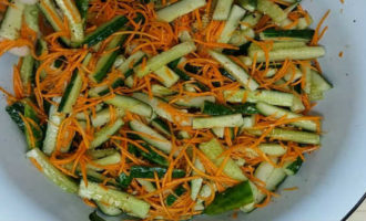 Морковь, очищенный и измельченный чеснок, огурцы объединить в одной посуде и, вылив на них маринад, вымесить хорошенько. После прикрыть заготовку салфеткой и поставить в сторонку на 2-3 часа для маринования.