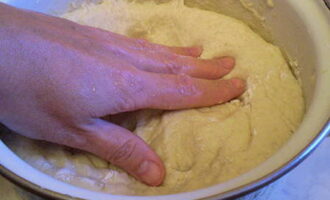 Накрываем тесто полотенцем или пищевой пленкой. Где-то на сорок минут ставим тесто в теплое место. Тщательно вымешиваем подошедшее тесто. Отделяем от него треть для «сеточки».