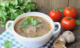 Наваристый суп харчо по классическому рецепту готов. Разливайте горячее блюдо по тарелкам и подавайте его к столу!
