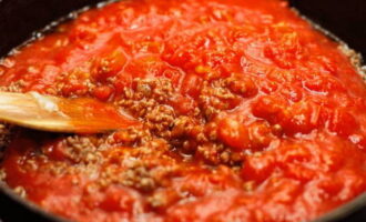 Когда мясо будет практически готово, выливаем томатное пюре в сковороду. Ждем, пока паста забулькает.