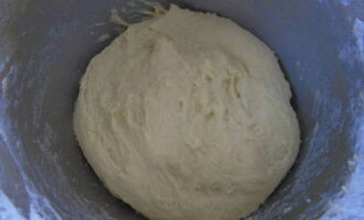 Теперь добавьте оставшуюся муку и окончательно вымесите тесто. Укройте миску полотенцем и оставьте тесто на час в теплом месте для подъема.