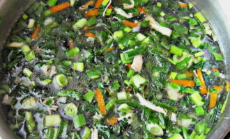 Зеленый лук и зелень также измельчаем и добавляем в суп, после чего варим его еще около 10 минут.