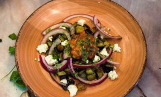 Перед подачей блюдо можно украсить веточками свежей мяты. Теплый салат из баклажанов, сыра и помидоров готов!