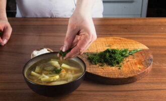 Готовый суп разливаем по тарелкам и дополняем свежим рубленым укропом.