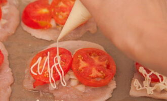 Далее разложите кружочки помидоров, нанесите поверх них тонкий слой майонеза.