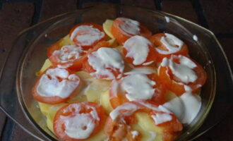 Далее идут ломтики спелых томатов + соус.