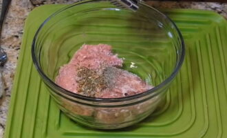 В мясной фарш насыпьте соль со специями и добавьте мелко нарезанную луковицу с измельченным зубком чеснока. Затем фарш с этими добавками хорошо перемешайте.