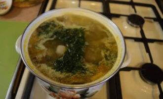 Морковную зажарку переложить к грибному супу и сразу добавить нарезку картофеля. Варить суп из свежих грибов до мягкости картошки. Огонь выключить. В суп добавить нарезанный укроп, перемешать, снять пробу и откорректировать вкус. Кастрюлю с супом закрыть крышкой и оставить на 30 минут для настаивания. Затем блюдо можно подавать к столу. Приятного аппетита!
