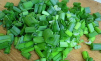 Перья зеленого лука промойте, обсушите салфеткой и мелко нашинкуйте.