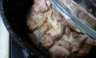 600 граммов говядины ополосните и просушите салфетками. Нарежьте кусочками среднего размера. Отправьте в толстостенную огнеупорную посуду. Отлично подойдет казан. Налейте масло и готовьте, пока мясной сок не испарится, а мясо не подрумянится.