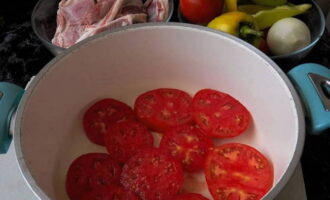 Возьмите емкость с толстыми стенками и тяжелым дном. Мясистые помидоры промойте, просушите и нарежьте достаточно толстыми кружочками. Выстелите ими дно емкости.