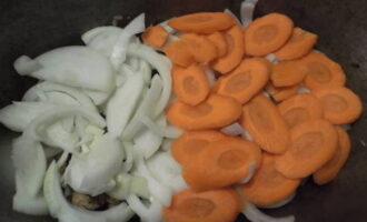 Морковь нарежьте тонкими кружками и уложите следующим слоем.