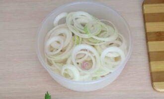 За это время подготовить лук. Очищенные луковицы нарезать тонкими кольцами и переложить в отдельную посуду.