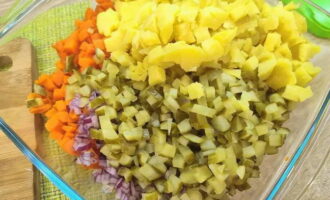 Куриное мясо, картошку, морковку, лук и соленые огурцы порежьте квадратиками. Переложите в салатник.
