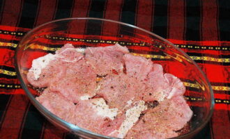 Перекладываем мясо в форму для запекания, обмазанную растительным маслом. Посыпаем солью и специями.