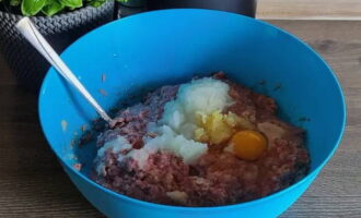 Ароматные овощи измельчите в кашицу и переложите в миску. Разбейте яйцо и сдобрите специями.
