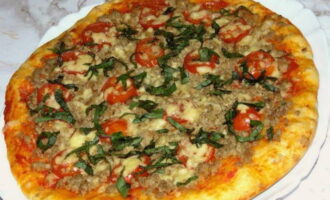 Пицца с фаршем, сыром и помидорами в духовке готова. Украшайте зеленью и подавайте к столу!