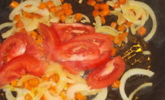 Когда добьетесь мягкого состояния, закиньте томаты. Если нет помидоров, возьмите томатную пасту. Соус или кетчуп тоже подойдет.