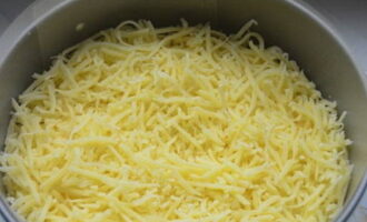 Дальше идет слой из твердого сыра, натертого на средней терке.