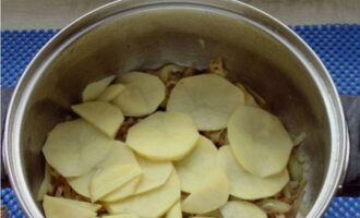 К золотистому луку отправляем картофельные ломтики, приправляем и готовим до мягкости компонентов.