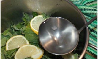 Заполняем маленькую кастрюлю мятой и лимоном, добавляем воду, закрываем крышкой и убираем в холодильник на 12 часов.