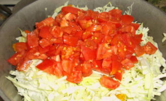 Когда капуста немного уляжется, выкладываем томаты и посыпаем солью.