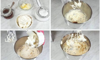 Для крема, который понадобится для выравнивая торта, возьмите сливочное масло комнатной температуры, очень холодный сыр и просейте сахарную пудру. Сначала взбивайте миксером масло в течение 1-2 минут. Далее добавьте сахарную пудру, чтобы она не разлетелась перемешайте продукты венчиком выключенного миксера. Далее продолжайте взбивать до светлой массы. В конце добавьте творожный сыр и доведите крем до однородности. 