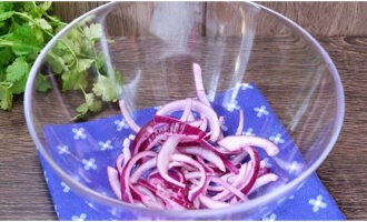 Как приготовить простой и вкусный салат с мясом? Очищенный лук нарезаем тонкими полукольцами, высыпаем в салатник.