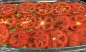Закрываем слой тонкими колечками помидора. Отправляем выпекаться в разогретую до 180° духовку на 1 час.