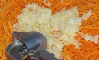 Очищаем чеснок и продавливаем через специальный пресс к моркови.