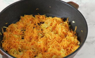Лук нарежьте тонкими полукольцами, морковку натрите на крупной терке. Пассеруйте овощи на растительном масле до мягкости, помешивая лопаткой. В конце посолите и приправьте зажарку по вкусу.